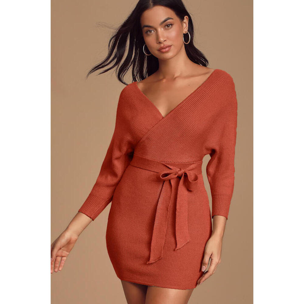 Lulus Modena Rust Brown Dolman Sleeve Bodycon Sweater Dress - Size M